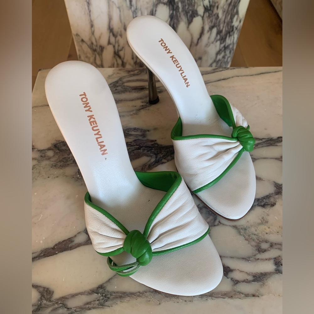 Tony Keuylain White and Green Learher Heeled Sandals